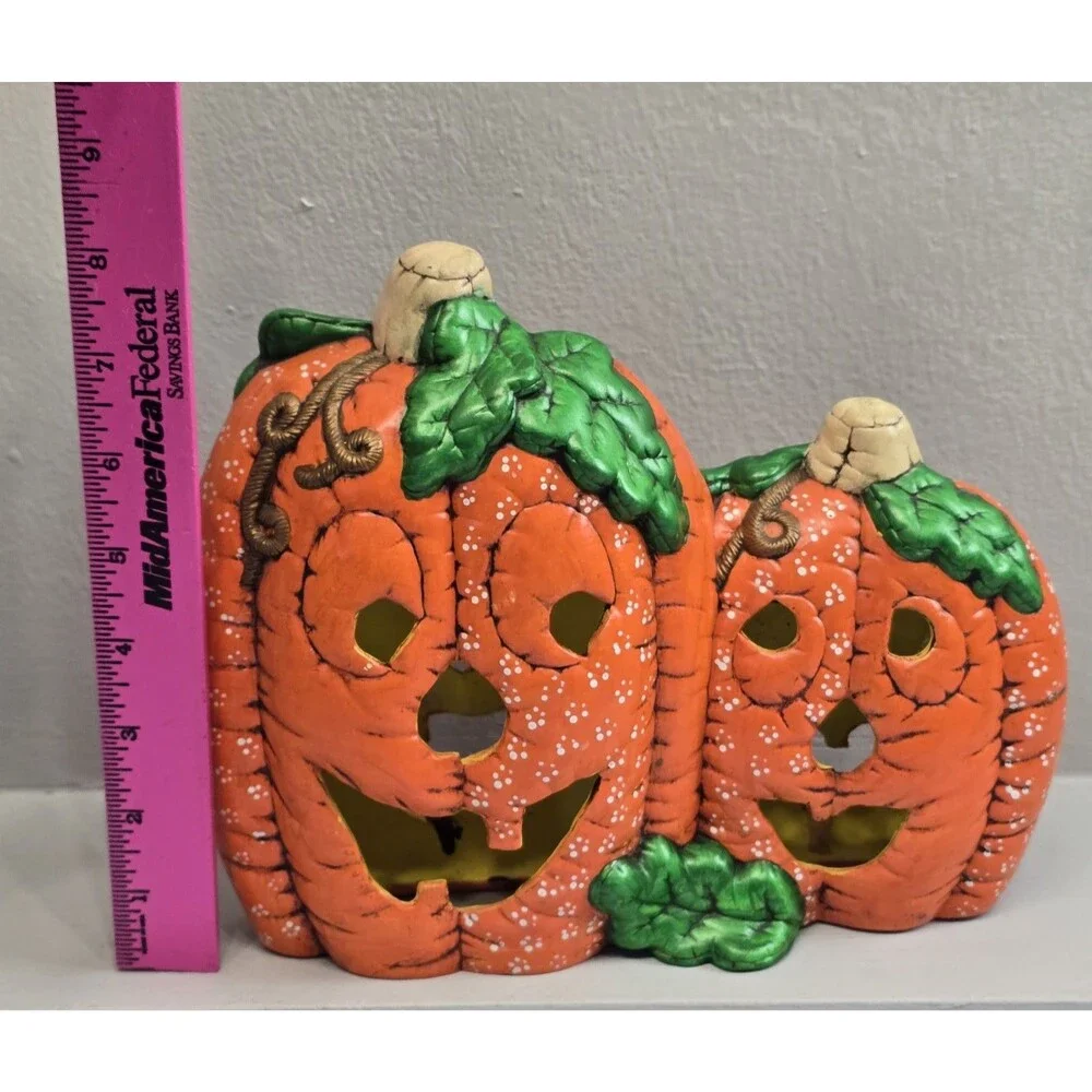 Vintage Ceramic Jack-O-Lantern Duo Halloween Pumpkin Decor 80s Hand Painted Prop